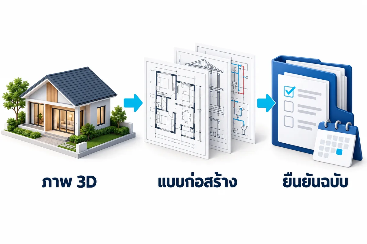 ภาพสื่อแนวคิด ลำดับจากภาพ 3D ไปสู่ชุดแบบก่อสร้างและการยืนยันฉบับเอกสาร