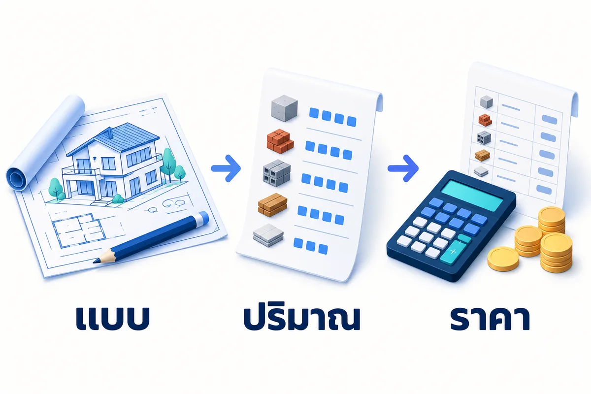 ภาพประกอบขั้นตอนจากแบบบ้าน ไปสู่ปริมาณงาน และการคำนวณราคา