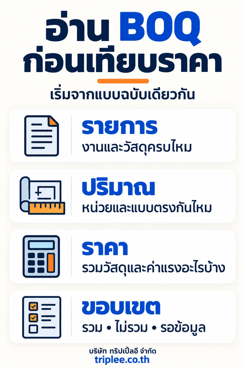 อินโฟกราฟิกอ่าน BOQ ก่อนเทียบราคา ตรวจรายการ ปริมาณ ราคา และขอบเขตโดยใช้แบบฉบับเดียวกัน