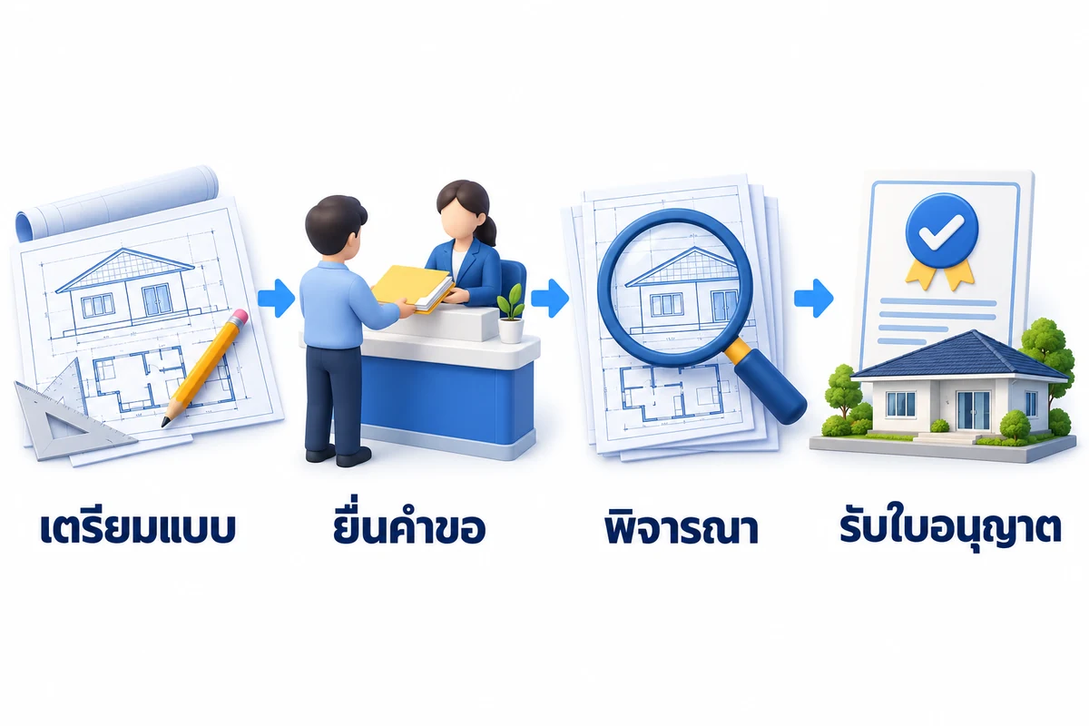 ภาพขั้นตอนเตรียมแบบ ยื่นคำขอ พิจารณา และรับใบอนุญาต