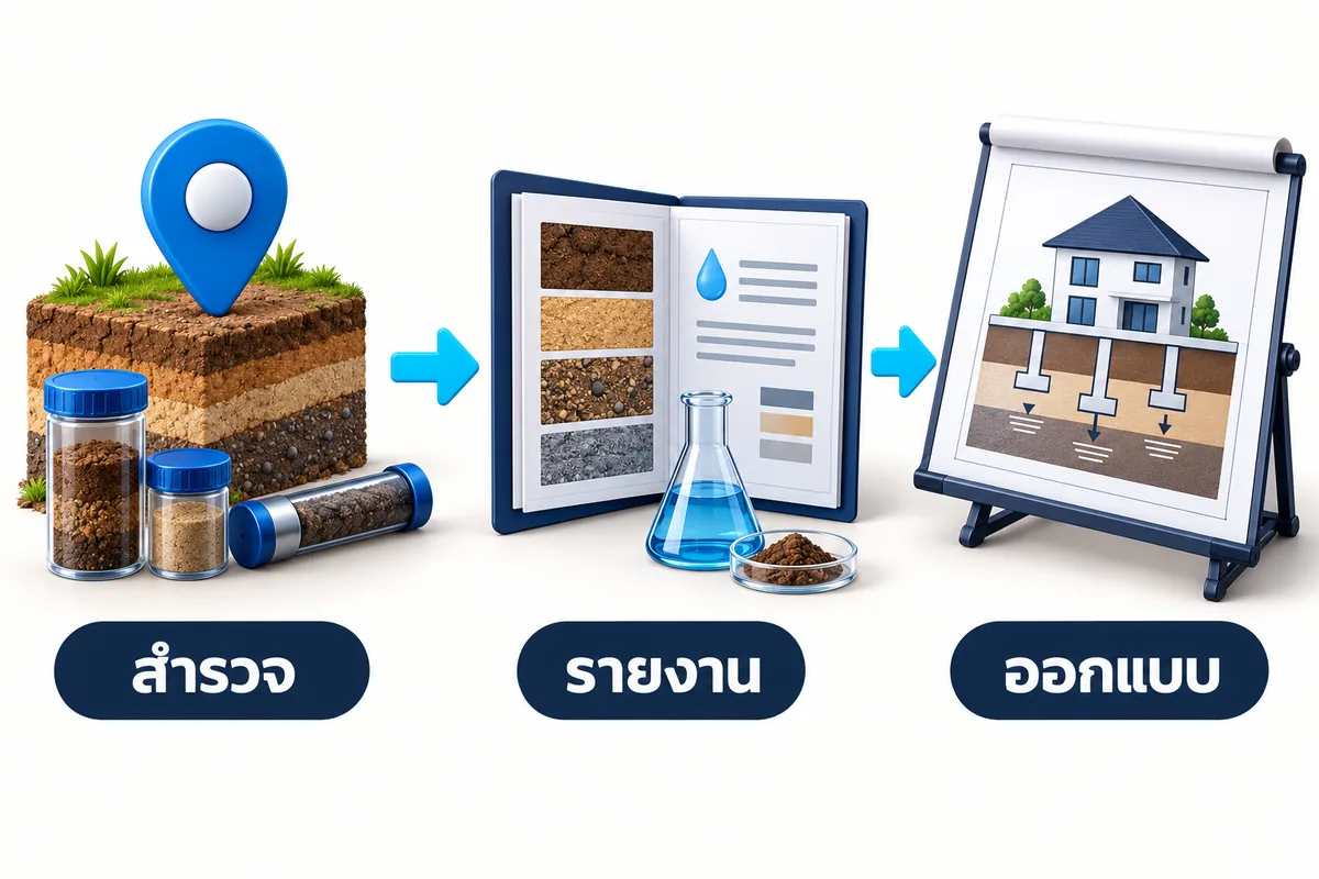 ภาพสื่อแนวคิด ลำดับข้อมูลจากการสำรวจดินสู่รายงานและงานออกแบบฐานราก
